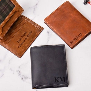 Cartera tríptico personalizada para hombre, cartera tríptico personalizada para hombre, cartera tríptico de cuero con foto grabada, regalo para el Día del Padre, hecha a mano.