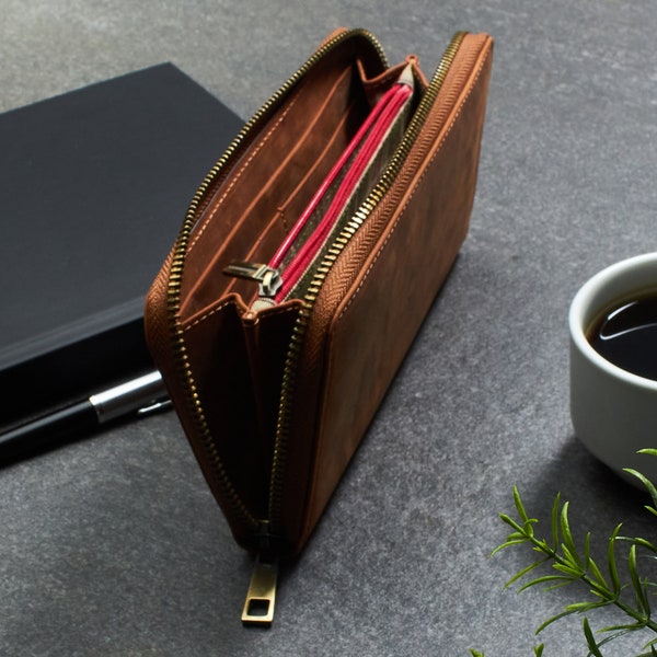 Cartera con cremallera para mujer, cartera de cuero personalizada, cartera hecha a mano, regalo de aniversario, regalo para ella, regalo para esposa, regalo para la madre de la novia.