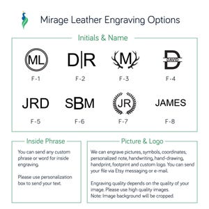 May include: An image detailing leather engraving options. It displays examples of initials, names, and logos, such as a monogram, antlers, and a laurel wreath. The text explains customization options for phrases, pictures, and logos, with instructions for image submission.