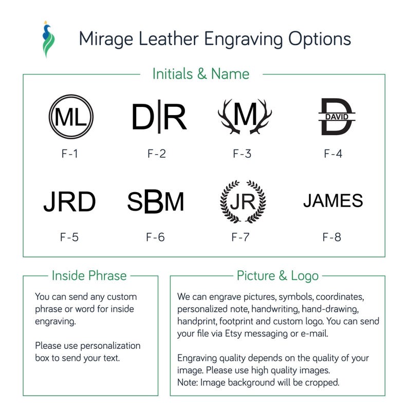 May include: An image detailing leather engraving options. It displays examples of initials, names, and logos, such as a monogram, antlers, and a laurel wreath. The text explains customization options for phrases, pictures, and logos, with instructions for image submission.