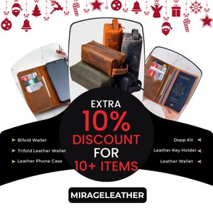 May include: An advertisement for leather goods, including wallets, phone cases, and Dopp kits. The image features various brown and green leather products. Text on the image reads "EXTRA 10% DISCOUNT FOR 10+ ITEMS" and "MIRAGELEATHER".