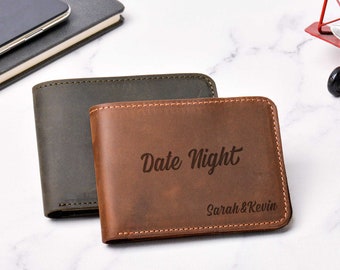 Personalized Date Night Wallet, Bifold Leather Card Holder, Best Gift For Couple, Husband, Parents Anniversary, Christmas Gift