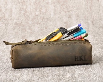 Personalized Pencil Case Leather, Custom Leather Pencil Organizer, Pencil Zipper Make up Bag, Pen Pouch Holder,  Graduation Gift For Him