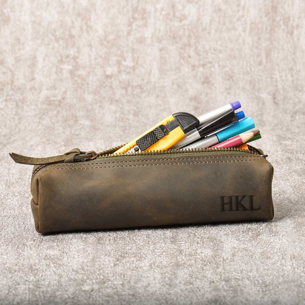 Personalized Pencil Case Leather, Custom Leather Pencil Organizer, Pencil Zipper Make up Bag, Pen Pouch Holder,  Graduation Gift For Him