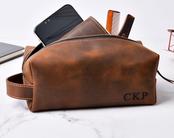 Personalized Toiletry Bag For Men Single Boyfriend Husband Dad Capacity Leather Travel Dopp Kit Handcrafted Engraved Custom Name Gift For Birthday|Anniversary|Fathers Day|Wedding Groomsmen Gifts 