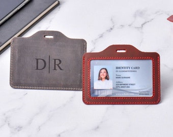 Custom Leather ID Card Holder, Personalized Leather Badge Holder, Leather Pass Holder, Badge Carrier for Work Office, Christmas Gift