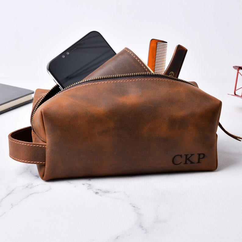 Fathers Day Gift , Personalized Leather Dopp Kit For Dad , Custom Leather Toiletry Bag , Gift For Dad , Best Man Gift , Gift For Men image 1