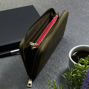 Cartera con cremallera para mujer, cartera de cuero personalizada, cartera hecha a mano, regalo de aniversario, regalo para ella, regalo para esposa, regalo de madre de la novia