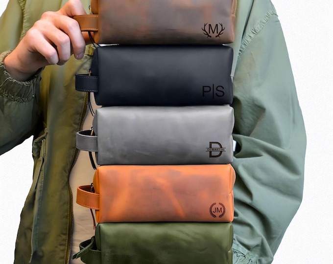 Personalized Leather Travel Dopp Bag, Handmade Toiletry Case for Men
