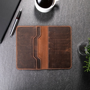 Cartera de cuero con soporte de pasaporte largo, cartera de cuero grande personalizada para vacaciones, regalo para viajero, cartera de viaje de cuero largo, regalo para él