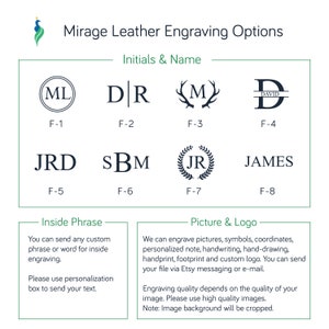 May include: A chart showing different options for leather engraving. The chart includes initials, names, and a picture and logo option. The chart is labelled with the text "Mirage Leather Engraving Options".