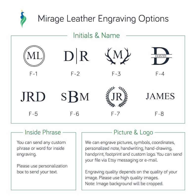 May include: A chart showing different options for leather engraving. The chart includes initials, names, and a picture and logo option. The chart is labelled with the text "Mirage Leather Engraving Options".
