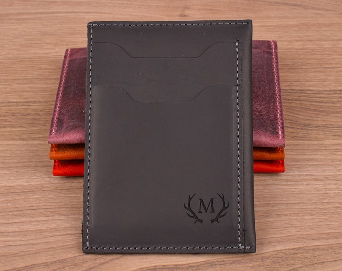 Engraved Leather Wallet, Front Pocket, Personalized Slim Credit Card Holder, Best Gift for Son, Birthday, Groomsmen, Christmas Gift