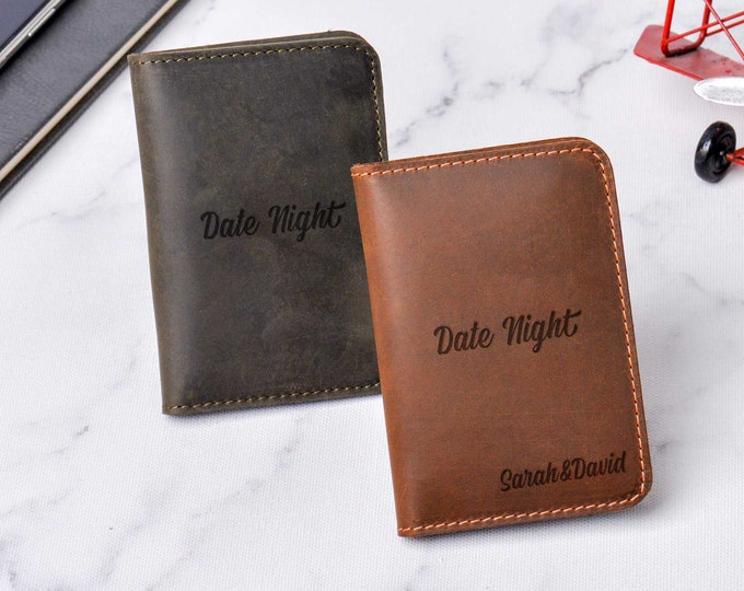 Engraved Date Night Wallet, Personalized Leather Card Holder, Best Gift For Couple, Husband, Parents Anniversary