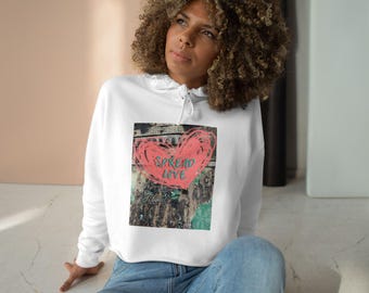 Raw Hem Crop Hoodie, Love Themed Sweatshirt, Short Hooded Pullover, Cropped Jumper, Cute Streetwear Top