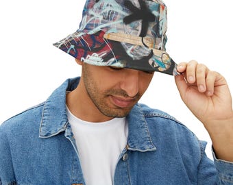 Graffiti Bucket Hat, Unique Design Street Style Bucket Hat, Hip Hop Graffiti Hat, Urban Art Bucket Cap, Trendy Graffiti Print Hat