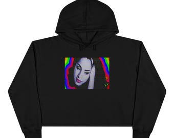 Felpa con cappuccio Sade Pop Art Crop, felpa alla moda da donna, top con cappuccio in stile retrò, pullover con stampa grafica unica, maglione statement piece