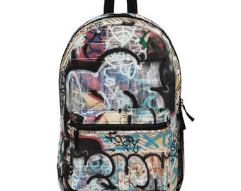 Graffiti Print Vegan Leather Backpack: Abstract Art Knapsack  display picture 1