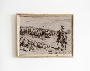 Southwest Cowboy + Cattle Printable Art | Vintage Desert Landscape Drawing | Sepia Boho Coastal Cowgirl Wild West | digital download