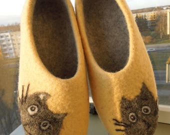 Filz Hausschuhe, gefilzt, Gefilzte Hausschuhe, Bio-Schuhe, Cat Hausschuhe, Hausschuhe, damenhausschuhe, Pantoffeln der Frauen, Woolen Holzschuhe