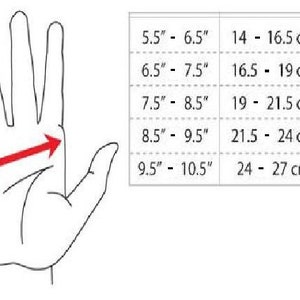 Pu&ograve; includere: Illustrazione di una mano con una freccia rossa che indica la misurazione sul palmo. Una tabella mostra le taglie dei guanti in pollici e centimetri, da XS a XL, con misure da 14 cm a 27 cm.