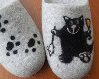 Filz Hausschuhe, gefilzt, Gefilzte Hausschuhe, Bio-Schuhe, Cat Hausschuhe, Hausschuhe, damenhausschuhe, Pantoffeln der Frauen, Woolen Holzschuhe