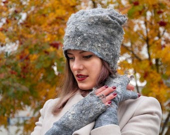 Grey merino wool hat with curls of sheep, Felt hat, felted wool hat, merino wool hat, elegant woman hat, warm winter accessory, GIFT for her