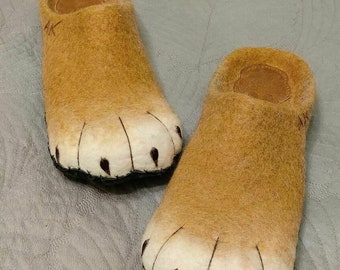 Hausschuhe mit Löwenpfoten-Motiv, Hausschuhe aus Bio-Wolle, Holzschuhe aus Bio-Wolle, umweltfreundliches Geschenk, Hausschuhe mit Sohle