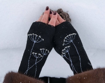 Fingerlose Handschuhe aus gefilzter Wolle. Gefilzte Fäustlinge aus Merinowolle. Damen-Winterhandschuhe. Fingerlose Fäustlinge aus Filz. Gefilzte schwarze fingerlose Handschuhe