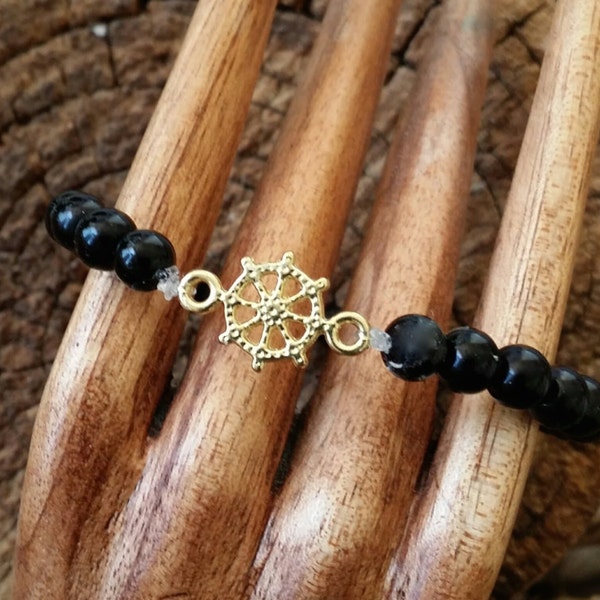 Spiritual Tourmaline Black Crystal Healing & Protection Dharma 8 Spoke Wheel Beaded Bracelet Stretch Gold Plated
