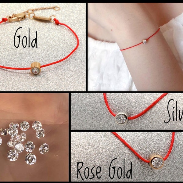 Red Thread String Dainty Line 18KGF Gold Silver Rose Stainless Steel Adj Bracelet Lab Diamond Minimalist Love Protection Kabbalah Gift