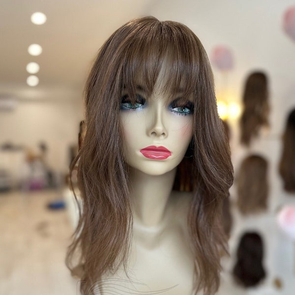 5"x6" Real Best Human Hair Topper, Light Brown Hair Silk Base Human Hair Topper with Bangs Scalp Women Hair Toupee Hairpiece