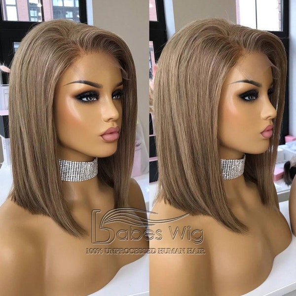 Camel-Hair Color Short BOB Lace Wigs 100% Real Remy Human Hair Lace Front Wig for White Women Lace Top Wig With Natural Hair Line
