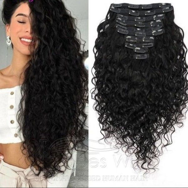 Curly 100% Real Human Hair Clips In Hair Extensions Full Set Ombre Hair Extensions // Black 1B //Virgin Remy Clip-In Hair Extensions