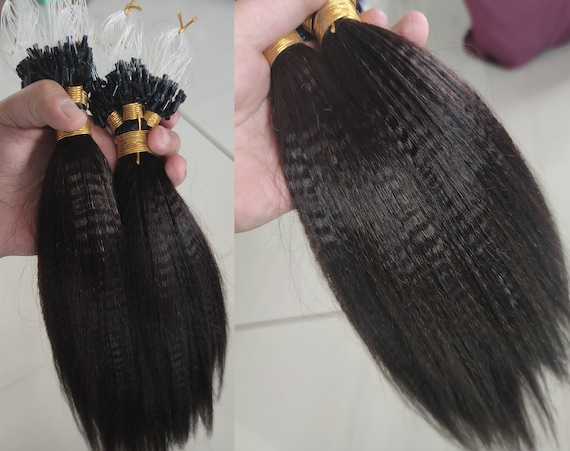 Light Yaki Micro Links Beads Human Hair Extensions 1 Gram per Strand 100%  Human Hair Afro Kinky Curly Micro Loop Ring Hair Extensions 
