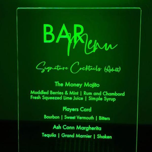 Illuminated Bar Menu Sign: Engraved Acrylic LED Drink Sign (8x10)