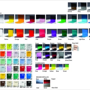 May include: A chart displaying various colours of acrylic sheets. The colours include translucent, opaque, green, blue, purple, red, orange, yellow, white, bronze, grey, dark grey, turquoise, light blue, and silver. The chart also includes a section for fluorescent colours, which include pink, orange, yellow, blue, and green. The chart also includes a section for brushed metallics, which include blue, white, copper, gold, silver, and rose gold.