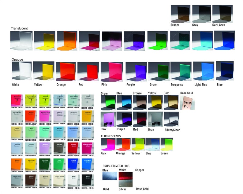 May include: A chart displaying various colours of acrylic sheets. The colours include translucent, opaque, green, blue, purple, red, orange, yellow, white, bronze, grey, dark grey, turquoise, light blue, and silver. The chart also includes a section for fluorescent colours, which include pink, orange, yellow, blue, and green. The chart also includes a section for brushed metallics, which include blue, white, copper, gold, silver, and rose gold.