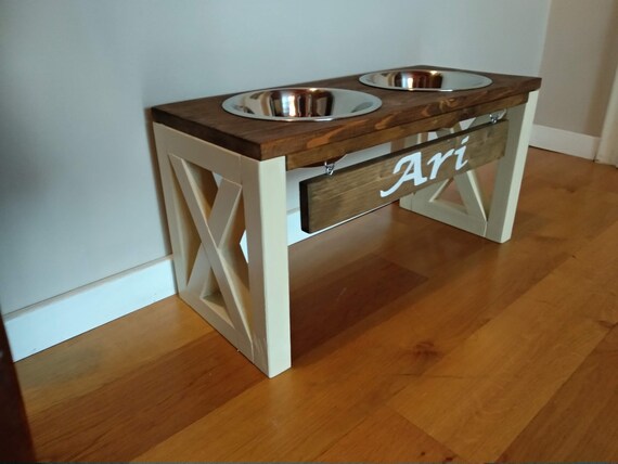 Made To Order White Distressed Base Large Dog Feeding Station Farmhouse style Elevated Dog Feeder English Chestnut 3 Bowls