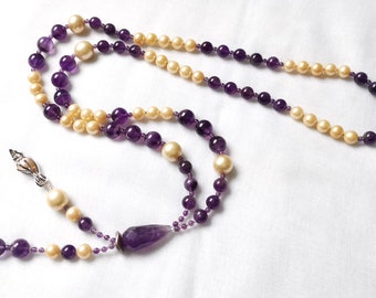 Amethyst and pearl long necklace | gemstone necklace | unique handmade necklace | february birthstone | downton abbey