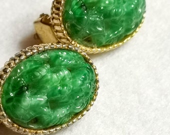 Green Faux Jade Lucite Molded Flower Gold Tone Mid Century Clip Earrings