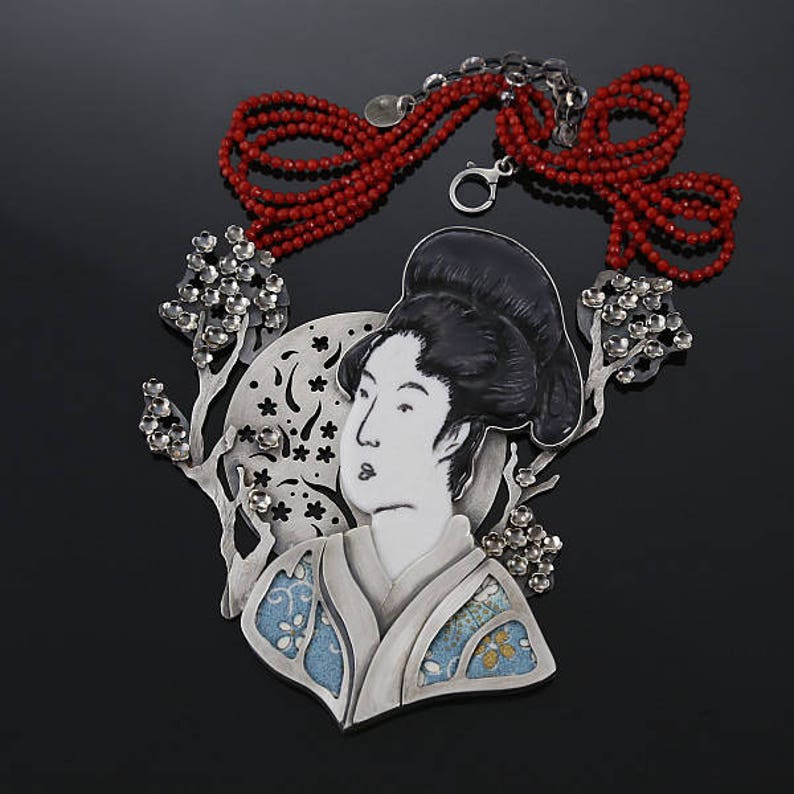 Japanese Necklace for Woman, Japan Kimono Jewelry, Blue Kimono Fabric