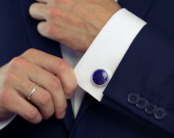 Keramische manchetknopen, Silver cuff links, kobaltblauw kristallijn, porselein sieraden, bruiloft accessoires voor de mens, elegante mannen accessoires