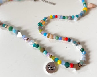 CUSTOMIZABLE multicolor NECKLACE with mixed beads and hand-engraved tags, long or double twist colored necklace, unique piece