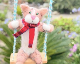 Needle Felted Cat on Swings Figurine: Whimsical Animal Ornament, Nursery Decor Christmas ornament cute Cat MEOW