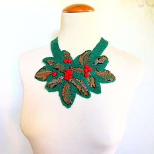 Red Berries necklace Christmas necklace fall leaves & berries green red unique felted xmas jewelry Statement bib fiber art green autumn wool