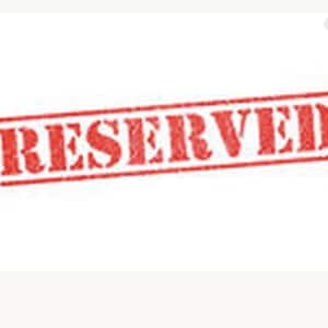 May include: A rectangular graphic featuring the word RESERVED printed in bold, red, capital letters. The text is enclosed within a thin red rectangular border, set against a plain white background, creating a clear and high-contrast visual sign.