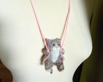 Necklace Cat on the Swings Needle Felted Cat Figurine: Whimsical Animal Ornament, Nursery Decor Christmas ornament cute Cat MEOW