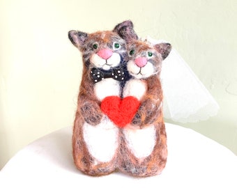 Cute animals bride and groom cake topper cat wedding cake topper needle felted cat cats figurine tabby cats whimsical orange red heart funny