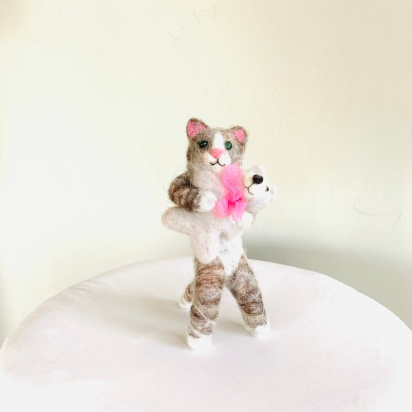 Needle felted Kitten with Teddy Bear needle felted cat wool kitten tabby cat figurine baby shower girl sweet cute felting OOAK pink felting